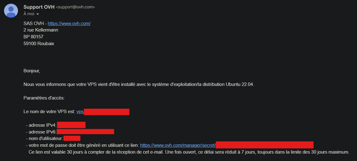 Capture d'écran d'un mail du support OVH contenant les informations d'installation d'un VPS